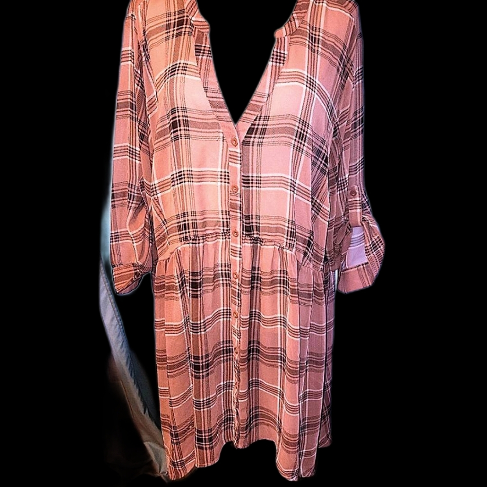 Cute Torrid hi low sheer Blouse plaid pink brown tunic plus size 4